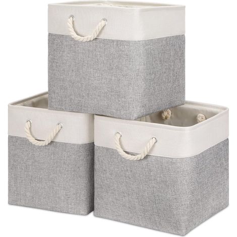 Bidtakay Lot de 3 grands paniers de rangement en tissu pour placard, paniers à vêtements pour étagères, bacs de rangement carrés de 33 x 33 cm pour garde-manger, rangement à la maison (blanc et gris) (1/5)