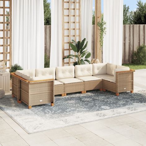 Canapé de jardin 7 places en résine tressée beige avec coussins amovibles – salon modulaire résistant aux intempéries (1/5)