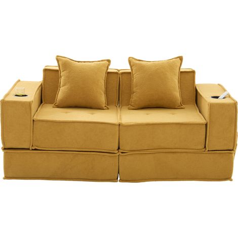 Sofá cama doble de chenilla amarillo mostaza con 2 cojines (1/5)