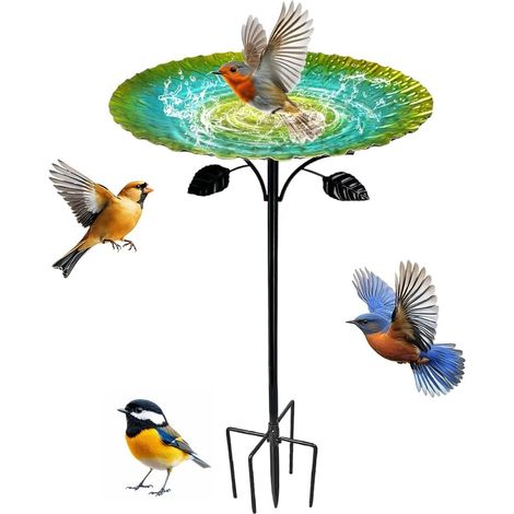 Bain d'oiseaux debout 85 cm, pour oiseaux, résistant à l'hiver, avec base solide à 5 dents, grande baignoire pour oiseaux, en fonte, en métal, résistant au gel, vert rétro, facile à nettoyer (1/5)