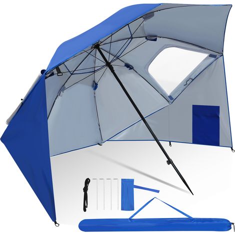 Jiubiaz Strandschirm 210 cm mit Tragetasche, UV50+ Sonnenschutz, neigbar, leichter Gartenschirm für Strand Camping Terrasse Blau