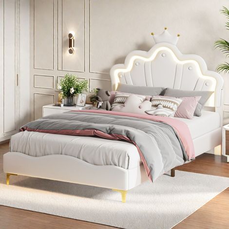 Lit princesse couronne 140 x 190 cm–Lit adulte 140 x 190 cm avec bande lumineuse LED réglable–Sommier à latte–Cuir PU imperméable–Blanc