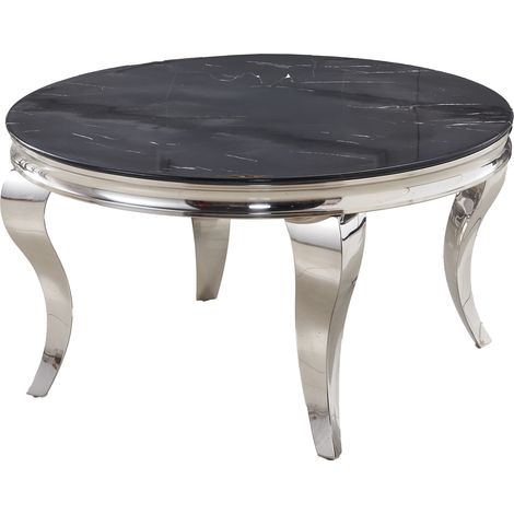Table Basse BAROQUE Ronde Plateau Verre Trempé Marbré Noir Structure Chrome D80x45cm