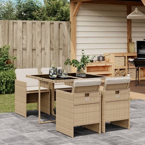 Ensemble repas jardin 5 pièces en poly rotin beige avec coussins - PANGIVO (1/5)