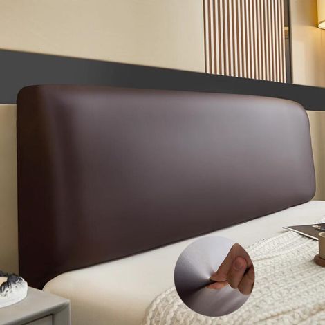 Housse de tête de lit en similicuir 1,5 m - Housse de protection universelle élastique anti-poussière en cuir (Couleur : Marron foncé, Taille : 140-170 cm) (1/5)