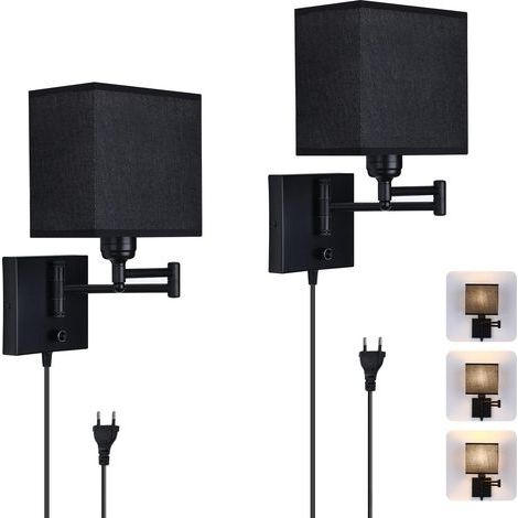 Lot de 2 Applique Murale Dimmable Lampe Murale à Bras Long Balançoire Réglable Rotation à 270 Degrés avec Interrupteur Fil Tissu Noire Ampoule E27 pour Chambre Salon Loft (1/5)