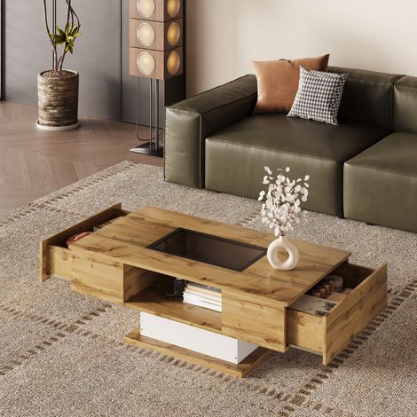 Tavolini bassi fissi 110,2x60x39,7cm con 2 cassetti, tavolino salotto, LED, pannello truciolare, naturale (1/5)