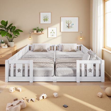 Lit de sol pour enfant 90x200 cm,lit double avec Barrière de Sécurité,Montessori Lit pour enfant en Bois Massif Pin, avec sommier à lattes,Blanc