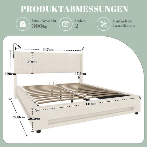 Cadre de lit 140x200 cm avec éclairage LED intégré, 2 lampes de chevet, coffre de rangement hydraulique, sommier à lattes renforcé, ports USB et charge lourde