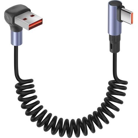 Câble spiralé USB A vers USB C à 90 degrés - 3,2 FT 6 A/65 W - Charge rapide et transfert de données - Câble court rétractable pour téléphone, PC, Android Auto (1/5)