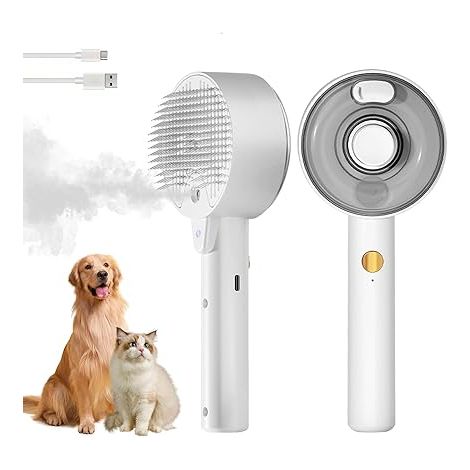 Spazzola a vapore 4 in 1 per cani e gatti - Autopulente con serbatoio dell'acqua - Toelettatura e massaggio per animali domestici (bianco)