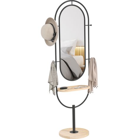 Ovaler Standspiegel mit Holzplatte, 4 Haken und Metallrahmen, 50 x 40 x 175,5 cm, schwarz