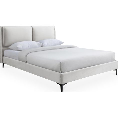 Mobilier Deco – Lit double en velours écru 140x190 cm – Structure robuste – Style contemporain – Pour matelas 140x190 cm (1/4)