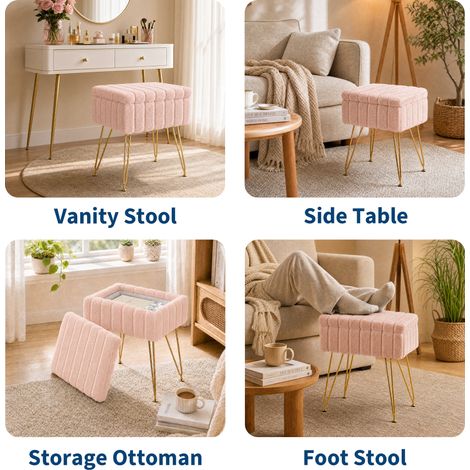 Pouf coffre de rangement en fausse fourrure - Tabouret rembourré doux, siège coiffeuse/maquillage - Rangement caché, pieds métal antidérapants - Rose - Imitation fourrure de lapin (1/5)