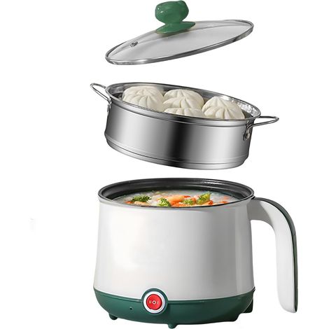 Mini Cuiseur Antiadhésif, 1.8 L Cocotte Électrique, Marmite Portable, Mini Cuiseur Portable Pour Steak, Pâtes, Œufs, Avoine, Ramen, Avec Cuiseur Vapeur Vert(Blanc + Vert) (1/5)