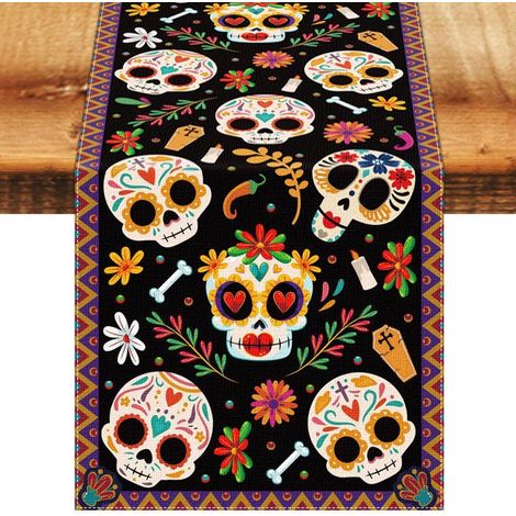 (2x Dia De Los Muertos Chemin de Table Décoratif Dia De Los Muertos – Deckendekoration für Halloween mit Blumen vom Totenkopf, Mexiko, Karneval (1/5)