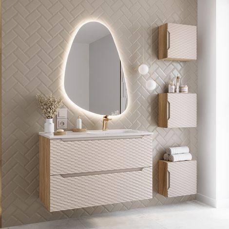 Badmöbel Set 5-teilig mit 90cm Waschtisch, Eiche mit beige, OLUO-56-BEIGE (1/5)