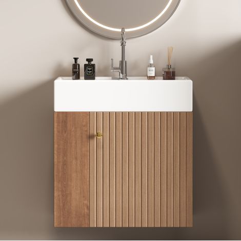 Mueble lavabo mural 55x31x66,5 cm en MDF marrón, almacenaje integrado para baño pequeño – MEUBLIV (1/5)