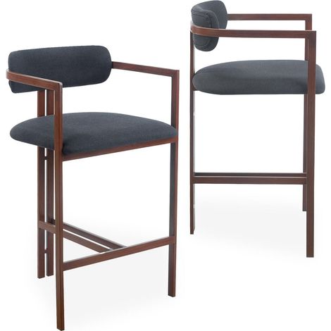 Lot de 2 chaises de bar design Galilea Métal Effet bois foncé et Tissu Anthracite