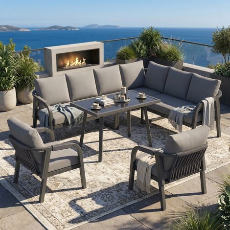 Ensemble jardin 8 personnes accoudoirs et dossiers tressés tube acier galvanisé canapé d'angle table repas 2 fauteuils gris