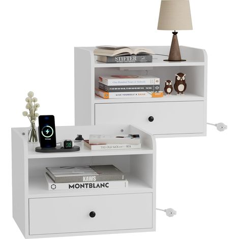 Lot de 2 Tables de Chevet murales, Tables de Chevet suspendues avec Prises Électriques y USB Ports, Espace Ouvert et Tiroirs, Style Moderne, pour Salon, Chambre à Coucher, Blanc (1/5)