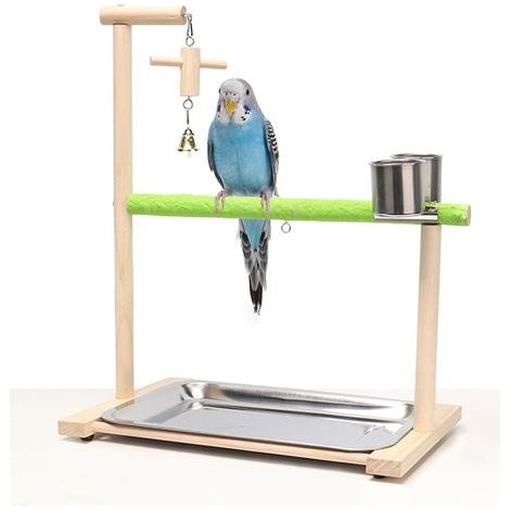 Aire de jeux pour oiseaux - Bois naturel - Support de jeu - Mangeoires - Plateau amovible - Pour perruches, calopsittes, inséparables (1/5)