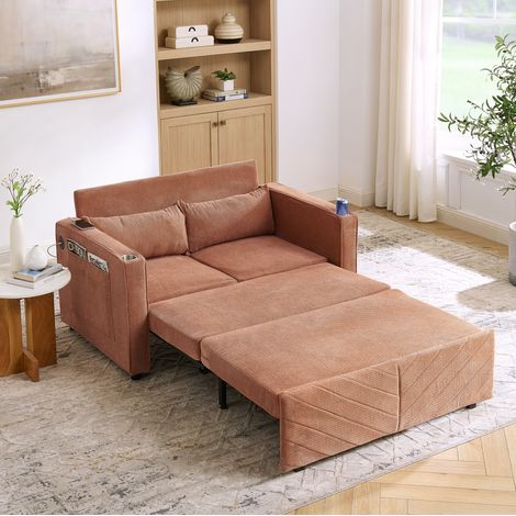 Divano letto 2 posti arancione in tessuto e legno con trasformazione scorrevole e porte USB (1/5)