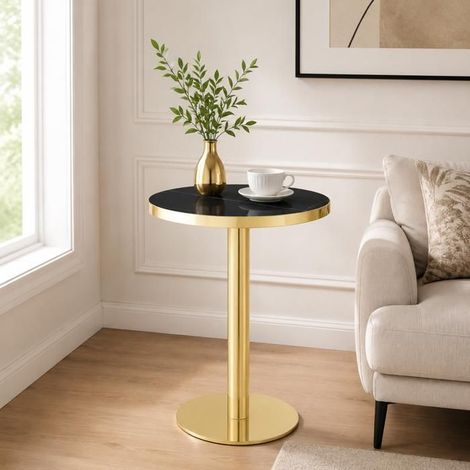 Table d'appoint table de salon effet marbre forme ronde cadre en acier inoxydable doré socle stable (1/5)