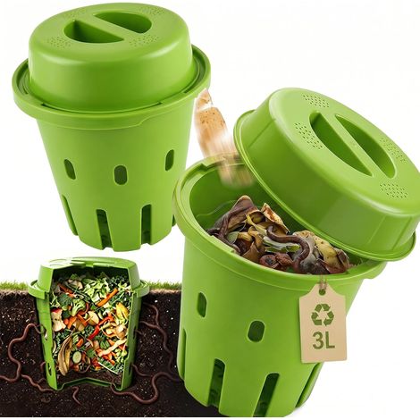 2 Pièces 3L Souterrain Composteur de Jardin Petit avec Couvercle,18x19cm PVC Lombricomposteur avec Trous de Ventilation,Organique Composteur,pour Jardins,Massifs de Fleurs,Cours (1/5)