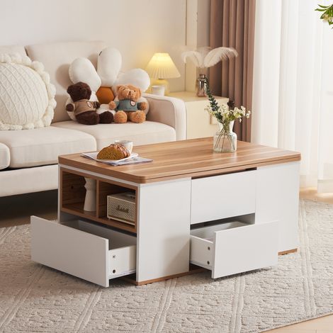 Table basse, multifonctionnelle relevable, le dessus de table s'ouvre sur 2 tables, blanc + naturel (1/5)