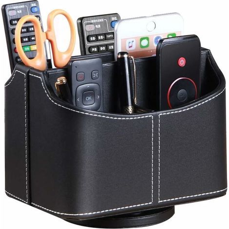 Drehbarer Fernbedienungshalter, Medien-Organizer mit 5 Fächern, multifunktionaler Schreibtisch-Organizer aus PU-Leder, TV-Aufbewahrungsbox für Fernbedienungen, iPad, Telefon und Brille (1/4)