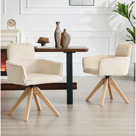 DESMIU Chaise de Salle à Manger Lot de 2 Pivotante 360° avec Accoudoirs et Pieds en Bois Massif en Tissu Blanc et Bois (1/5)