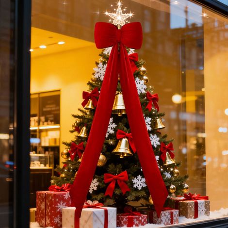 Ribbon - Bow - Velvet - Christmas Tree Topper - Wall Door Mantle Decoration - Red - 35.5 x 150 cm - 1 Piece (1/5)