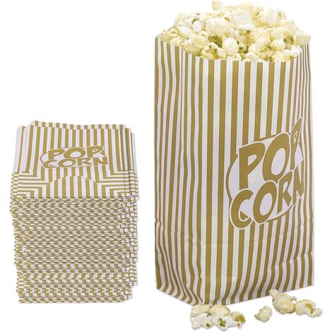 Relaxdays Sacchetti per Popcorn, Set da 144 Buste di Carta a Righe Retrò, Feste Compleanno Tema Cinema, Box, Oro Bianco