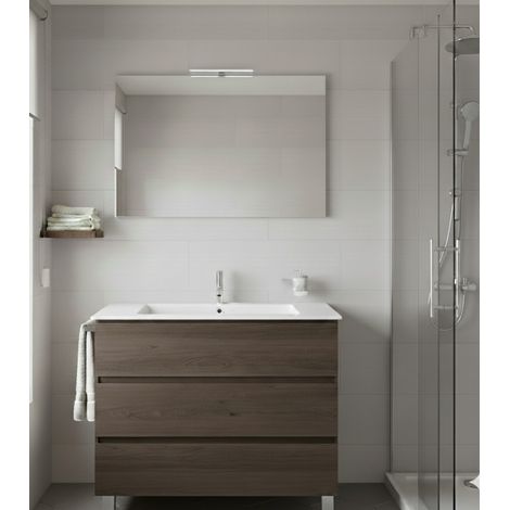 Ensemble Meuble de salle de bain BALDER Livré Monté 3 tiroirs avec pieds, lavabo et miroir Frêne tea 60x35 cm