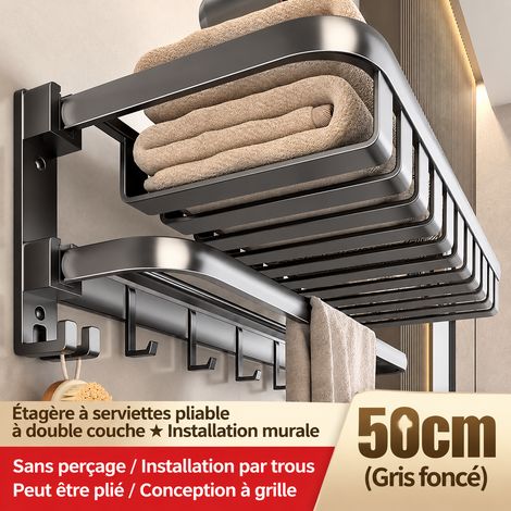 Porte-serviettes mural salle de bain modèle amélioré double pliage avec panier grillagé et crochets 50 cm, 61 × 24 × 19 cm, 3 kg – Livraison gratuite (1/5)