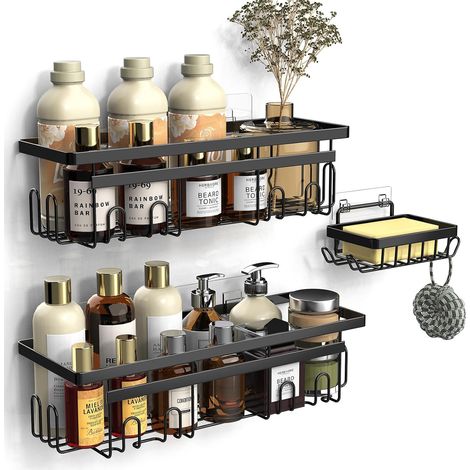 LaBlanc - Estante de baño con jabonera, 3 piezas, estante de ducha sin taladrar, accesorio de baño inoxidable, almacenamiento para ducha con ganchos, esencial para baño y cocina (negro) (1/5)