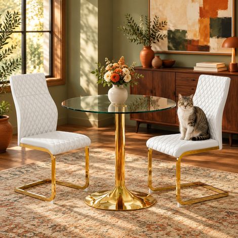 Conjunto de mesa y sillas DESVIAE, mesa redonda de vidrio 85 cm, 2 sillas blancas y doradas (1/5)