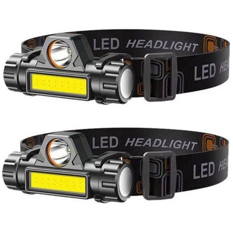 Lot de 2 lampes frontales rechargeables, lampes de chantier pour la marche nocturne, éclairage LED étanche, modes d'éclairage rotatifs pour le camping et la pêche