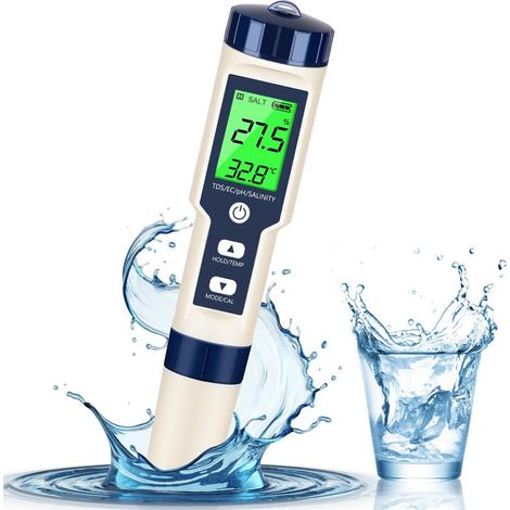 Testeur d'eau numérique 5-en-1 (pH, Température, EC, TDS et Salinité) — pH-mètre pour l'eau avec écran LCD rétroéclairé — Kit d'analyse pour eau potable, vin, piscines et spas. (1/5)