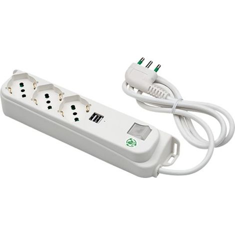 FANTON OMEGA Steckdosenleiste, 3 Schuko-Bypass-Steckdosen 16A + 2 USB-A-Buchsen 5V 2,1A, 1,5 m Kabel. Italienischer Winkelstecker 16A 47450