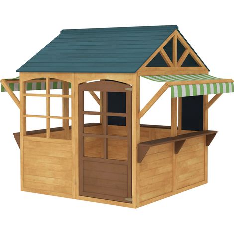 Cabane enfant extérieure jaune avec porte fenêtres stations service auvents eau tableau noir
