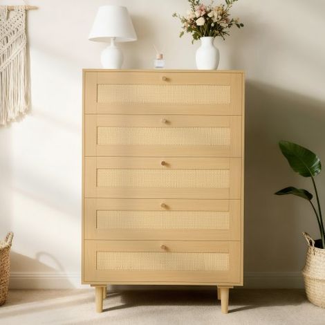 Rattankommode Aufbewahrungsschrank mit 5 Schubladen & Metallgriffen & Holzbeinen, moderner Rattanschrank für Schlafzimmer Wohnzimmer Flur (70,2x40x106,5 cm) Kleidungsschrank Schubladenschrank (1/5)