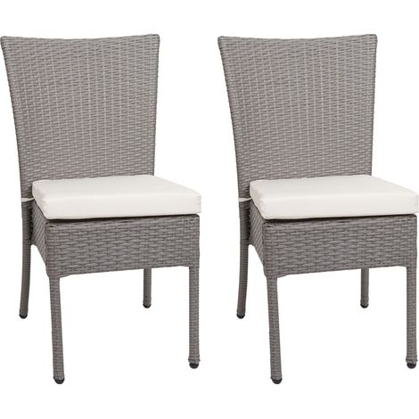Lot de 2 chaises en poly rotin HHG-949, chaise de balcon chaise de jardin, empilable, gris, coussin crème