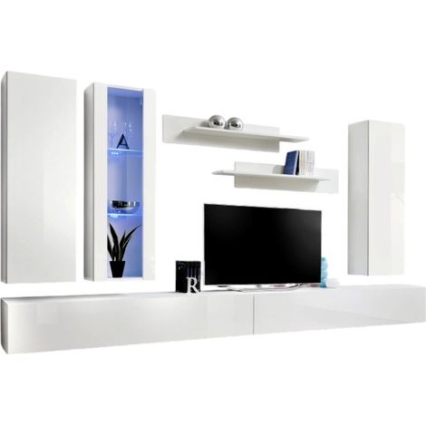 Mobile TV FLY E4 design, colore bianco lucido. Mobile sospeso moderno e alla moda per il tuo soggiorno.