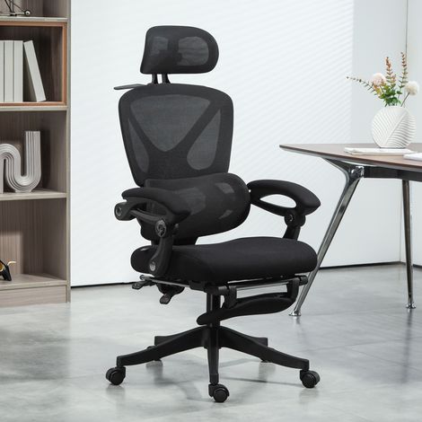Silla de Escritorio de Malla Reclinable con Reposacabezas Soporte Lumbar Reposapiés y Altura Regulable Carga 135kg Negro
