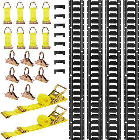 VEVOR Juego de 4 Rieles de Amarre E-Track de 2,3 m, para Garajes, Furgonetas, Remolques y Motocicletas, con 2 Correas de Trinquete, 8 Juntas Tóricas, 8 Correas de Amarre con Anilla en D y 8 Tapas (1/5)