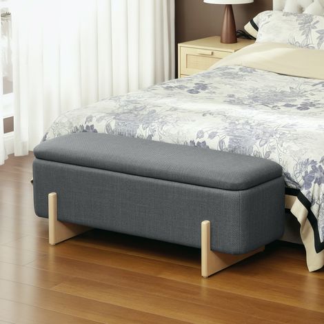 Sgabello con vano contenitore, panca imbottita in schiuma, simil lino, 111 x 44 x 44,5 cm, grigio scuro (1/5)