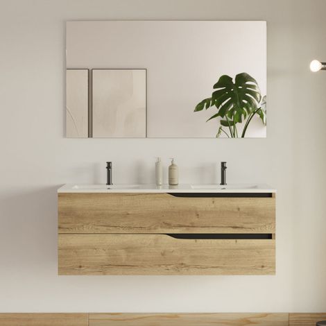 Meuble de salle de bain 120cm avec plan double vasque - 2 tiroirs - madera miel (bois clair) - LUNA (1/5)
