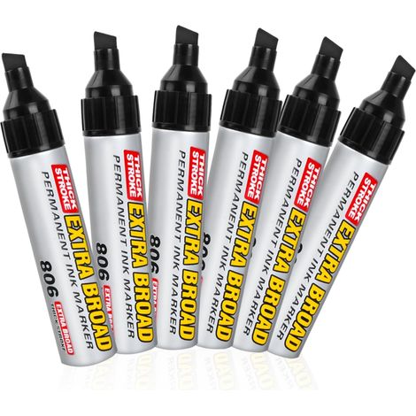 6 x Permanent Markers, Jumbo Extra Large Chisel Tip, Quick Drying and Water Resistant Permanent Marker Black for Cardboard, Plastic, Wood, Metal, Glass (1/5)